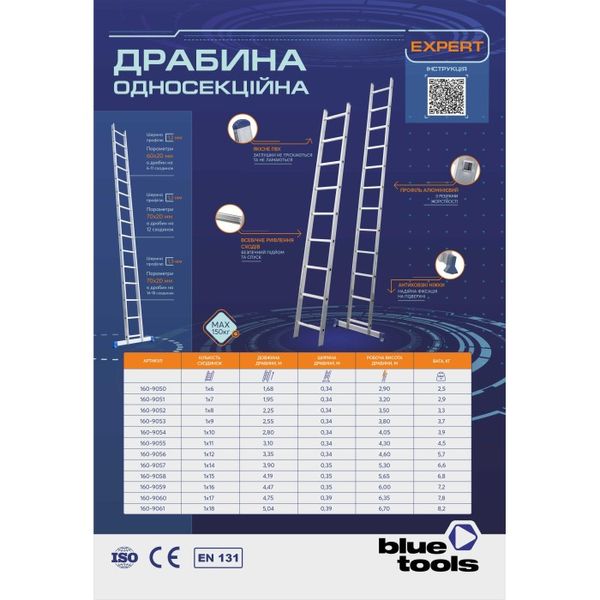 Драбина опорна односекційна BLUETOOLS Expert (10 сходинок) (160-9054) 160-9054 фото