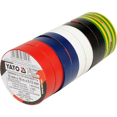 Стрічка ізоляційна різнокольрова YATO : 12 мм х 10 м, 5 кольорів, Уп. 10 Рул. YT-8156 фото