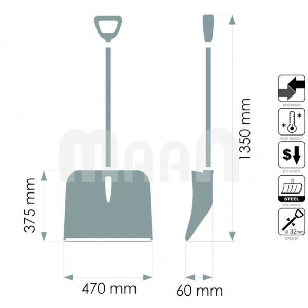 Лопата для чищення снігу MAAN (470х32х375/1350 мм) (3699) 3699 фото