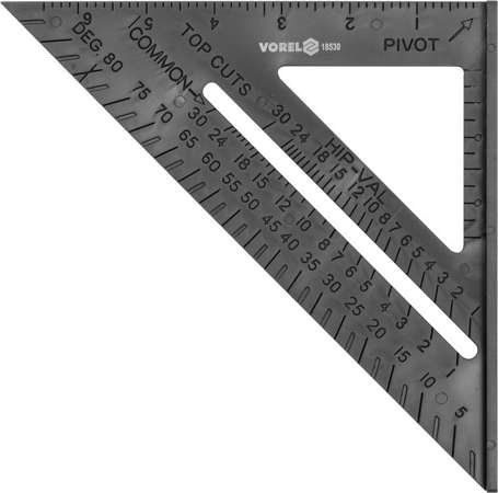 Кутник теслярський VOREL : l= 180 мм, 90°х 45°х 45°, для робіт з кроквами