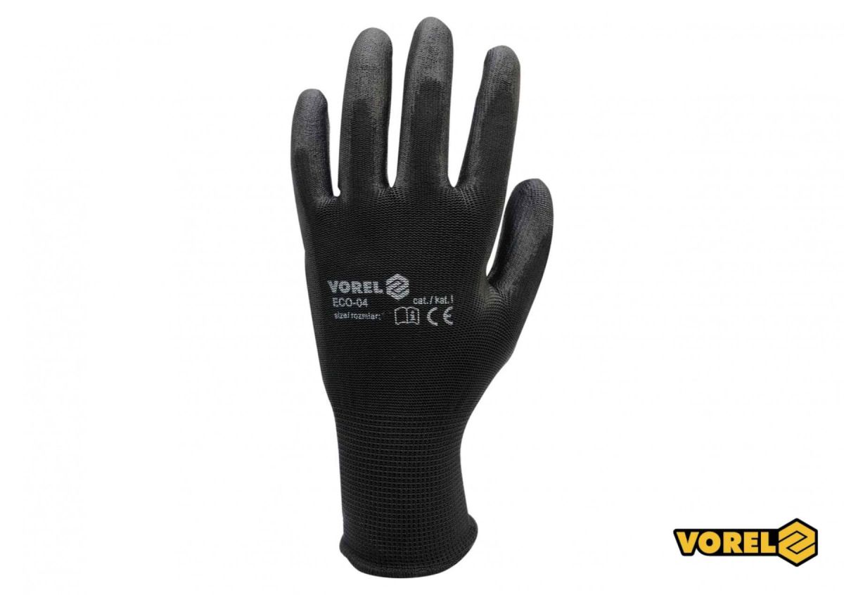 Рукавиці робочі VOREL: чорні, поліестер покритий поліуретаном, розмір 10