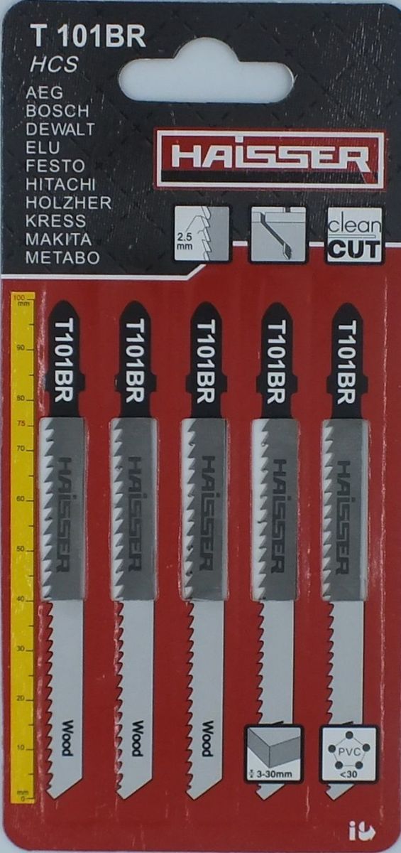Пилочне полотно HAISSER T 101 BR - н-р 5 шт, 75 мм, м"яка деревина, ДСП, ДВП, фанера, прямий та чис