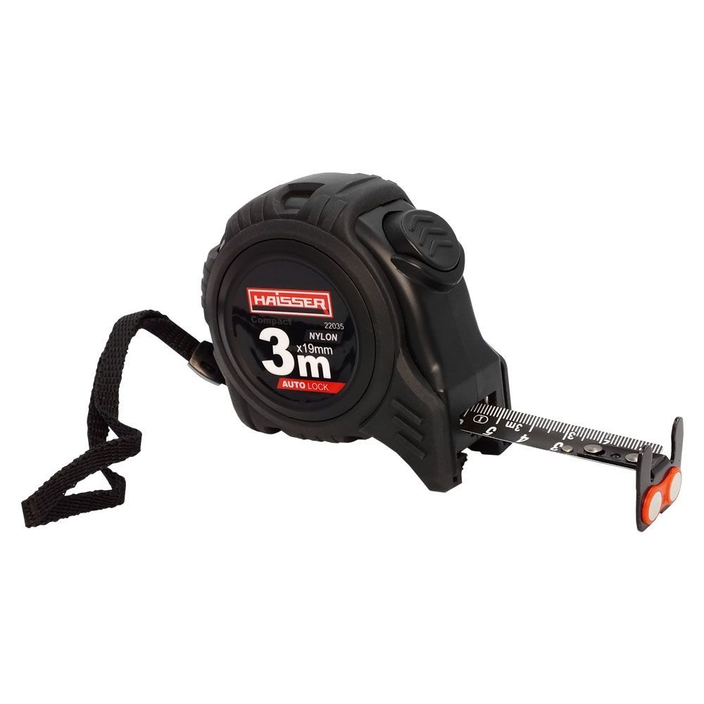 Рулетка 3х19, 2-х стороння чорна лента, нейлон, прогумований корпус, автостоп, магніт, HAISSER Comp
