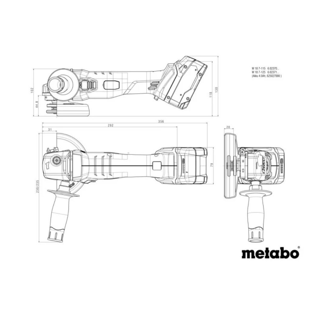 Кутова акумуляторна шліфувальна машина Metabo W 18 7-125