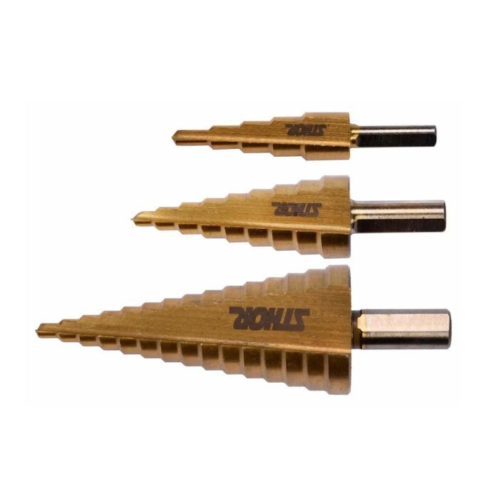 Свердла конічні ступінчасті титанові по металу STHOR : Ø= 4-32 мм, HSS 4241, 3 шт