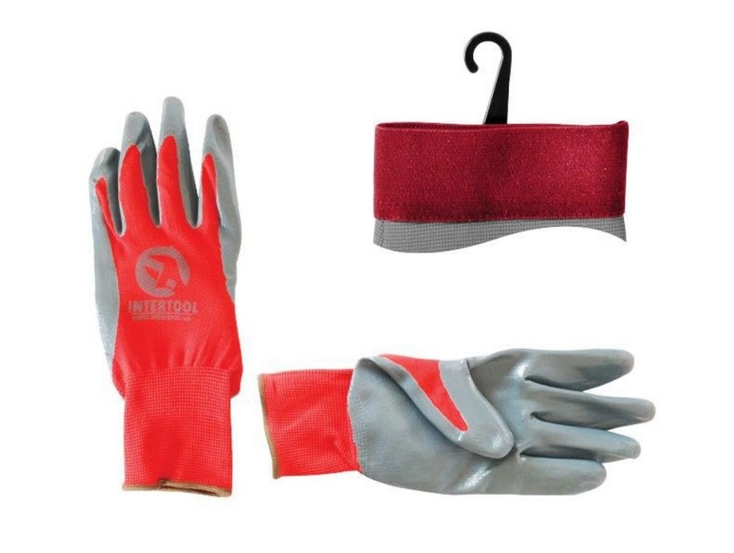 Рукавичка трикотажна, синтетична, червона, покрита сірим нітрилом на долоні, 10"