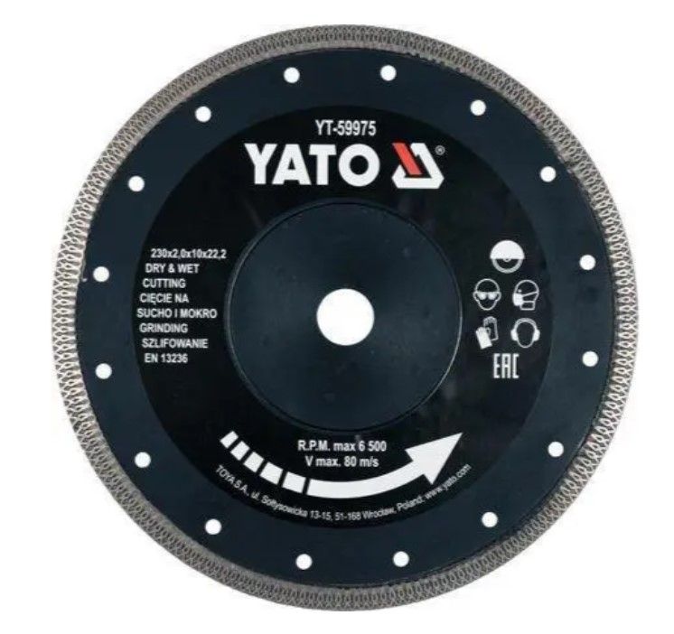 Диск відрізний алмазний по гресу, склу, кераміці YATO Ø=230x2x10x22.2 мм, в мокрому і сухому режимі
