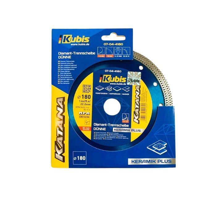 Диск алмазный супертонкий отрезной KERAMIK PLUS 180*25.4/22.2 мм, 1.2/1.6 *10 мм, KATANA, ТМ Kubis