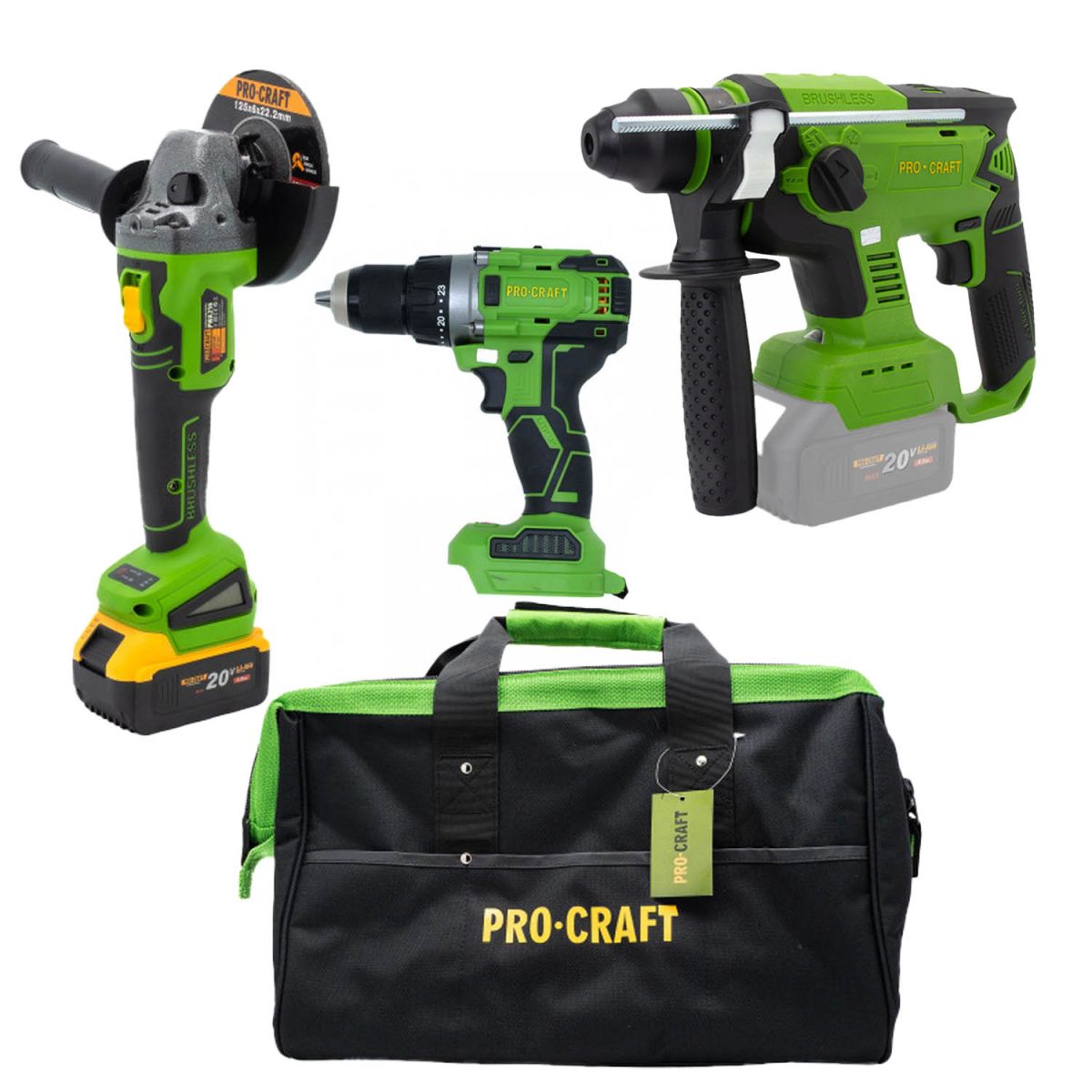 Шуруповерт Procraft PA21Li + КШМ PWA216 + Перфоратор PHA20/4 + Сумка BG400