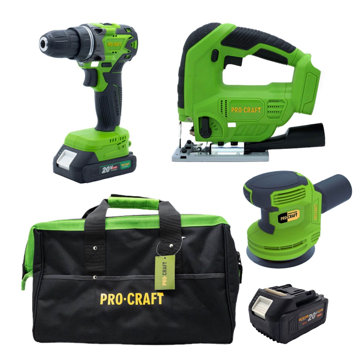 Шуруповерт Procraft PA20BL + Лобзик ST18 + ЕШМ PX20 + 1 акб 4Аг/2Аг + ЗП 20/1 + сумка BG400