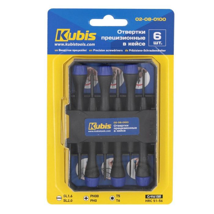 Отвертки прецизионные 6 шт в кейсе, SL1.6, SL2.0 мм, PH00, PH0, T5, T6 CrV6150, HRC51-54