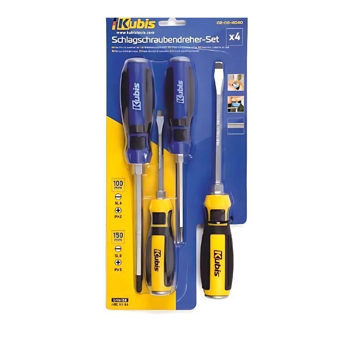 Отвертки ударные набор 4 шт, PH2*100, 3*150, SL6*100, 8*150 мм CrV6150