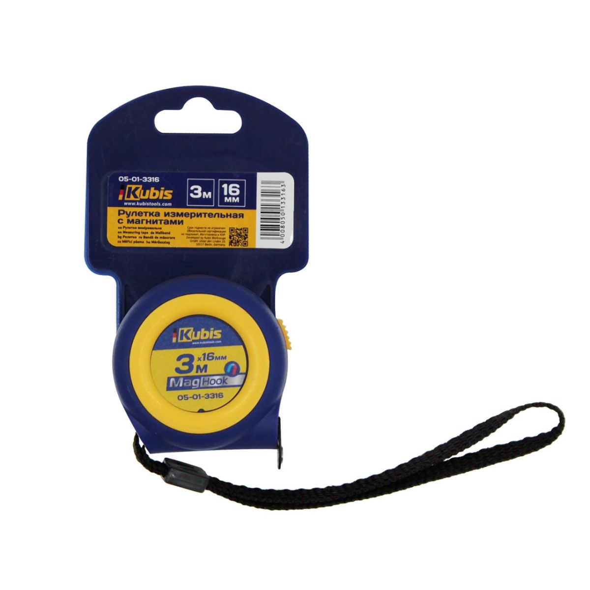 Рулетка измерительная 3м*16 мм MagHook, 2-х стр., нейлон, 2-х стр. зацеп с магнитами, автостоп, ТМ Kubis