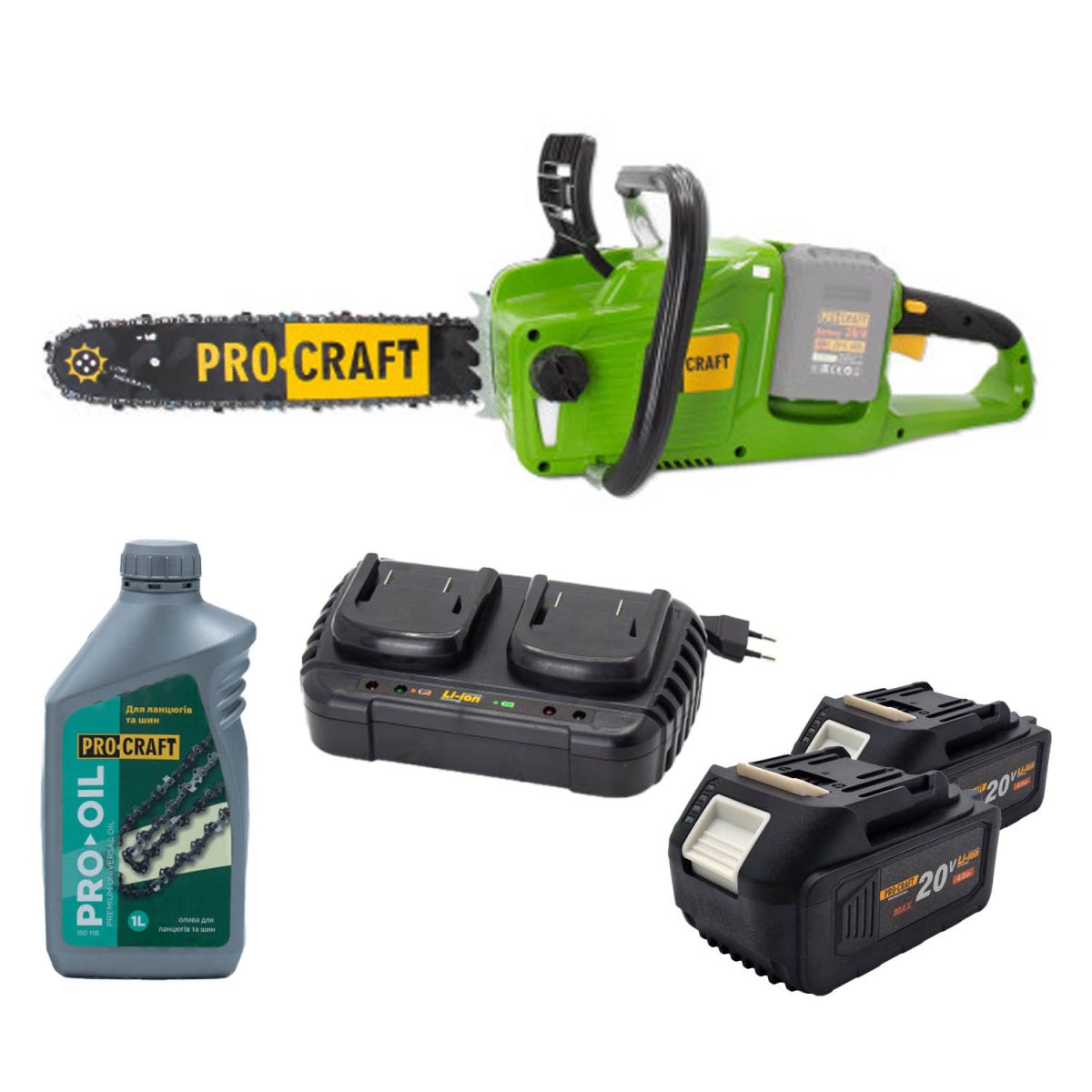 Аккумуляторная пила Procraft PCA40/2 + 2 акб 4Ач + ЗП charger20/2 + Масло для цепи 1л