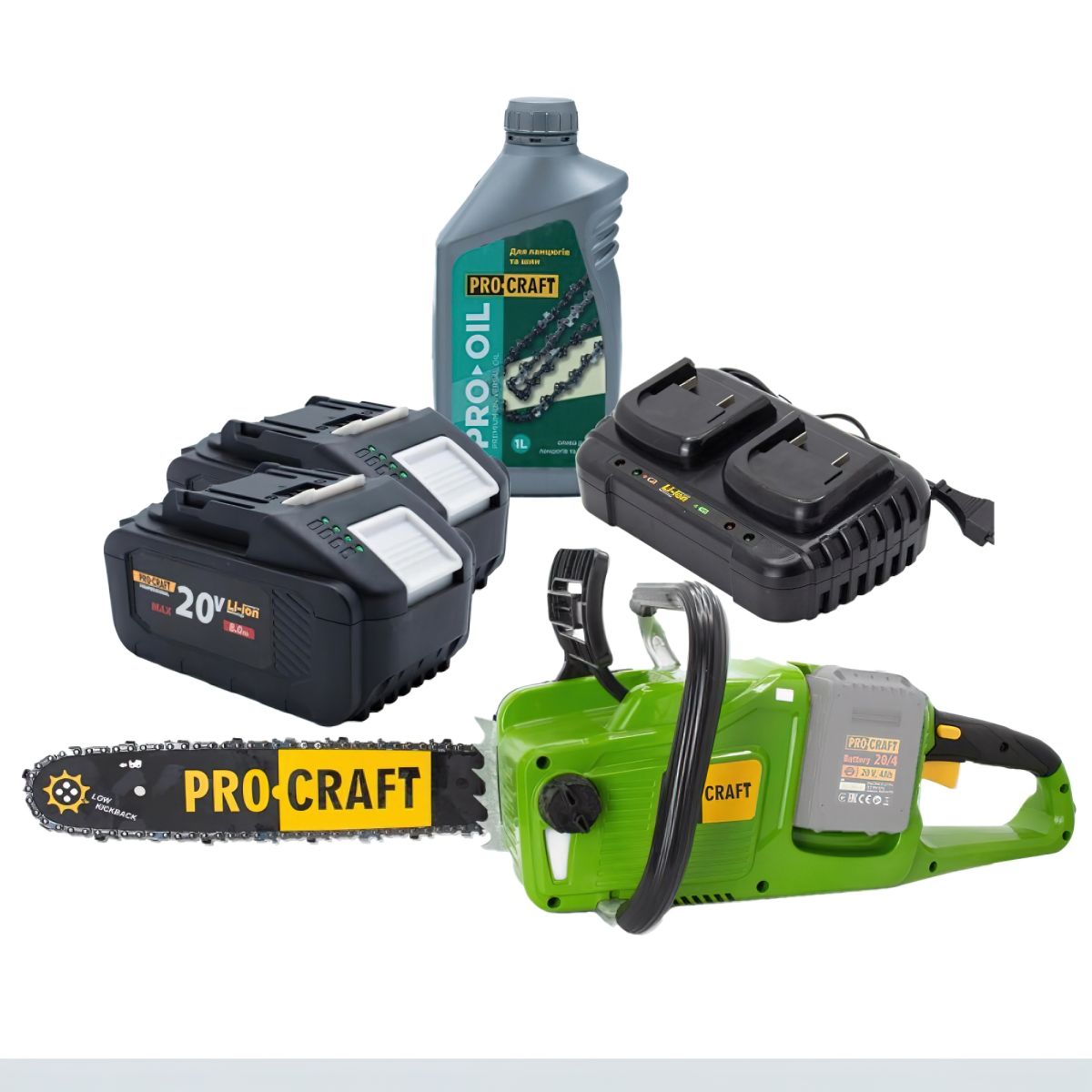 Акумуляторна пила Procraft PCA40/2 + 2 акб 8Аг + ЗП charger20/2 + Олива для ланцюга 1л