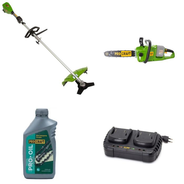 Коса акум. Procraft PTA20/4/2(б/АКБ)+Пила PCA40/4/2(б/АКБ)+Батарея 20/4(2шт)+Олива 1л+З/п 20/2