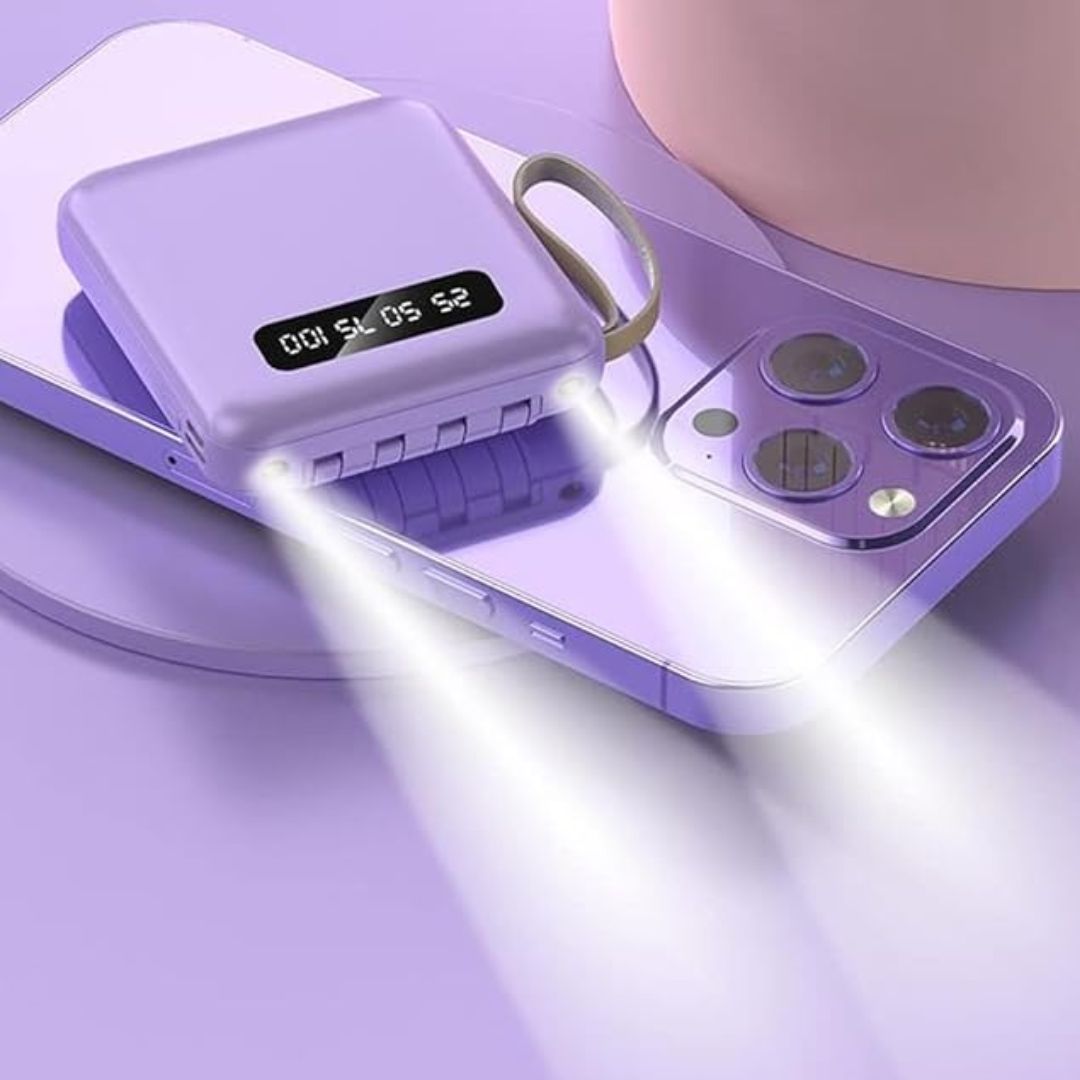 Портативний акумулятор із вбудованим кабелем, фіолетовий, 8000 мАг