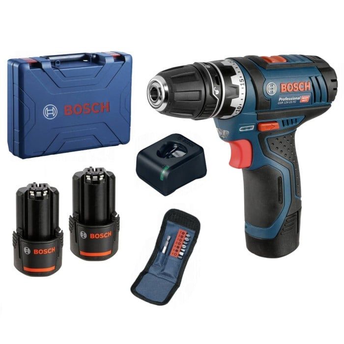 Шуруповерт акумуляторний + набір біт Bosch Professional GSR 12V-15 (12 В, 2х2 А*год, 30 Н*м) (060186
