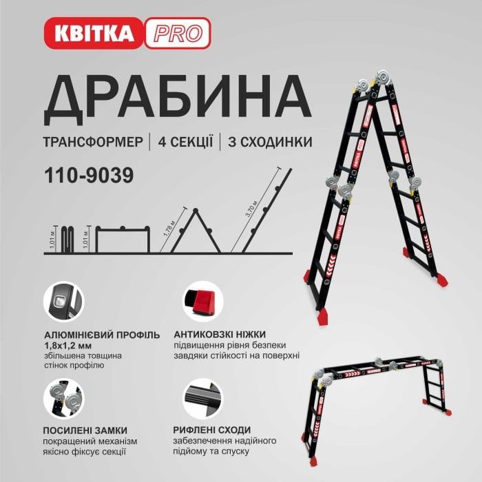 Драбина-трансформер алюмінієва Квітка PRO HD BLACK (4х3 сходинки) (110-9039)