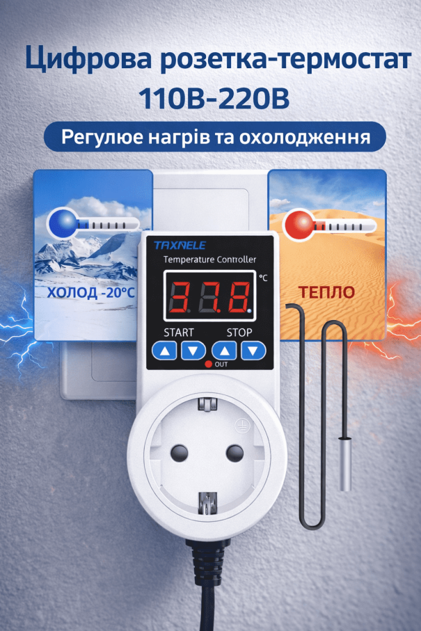 Розетка-термостат, цифровий регулятор температури, розетка 110 В, 220 В, датчик NTC