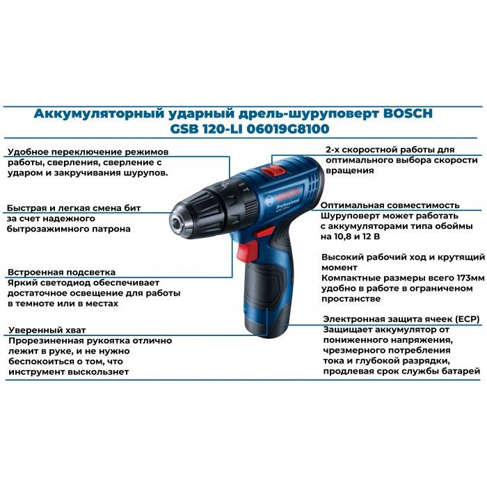 Дрель-шуруповерт аккумуляторная Bosch GSB 120-LI Professional (12 В, 2 А*ч) (06019G8100)