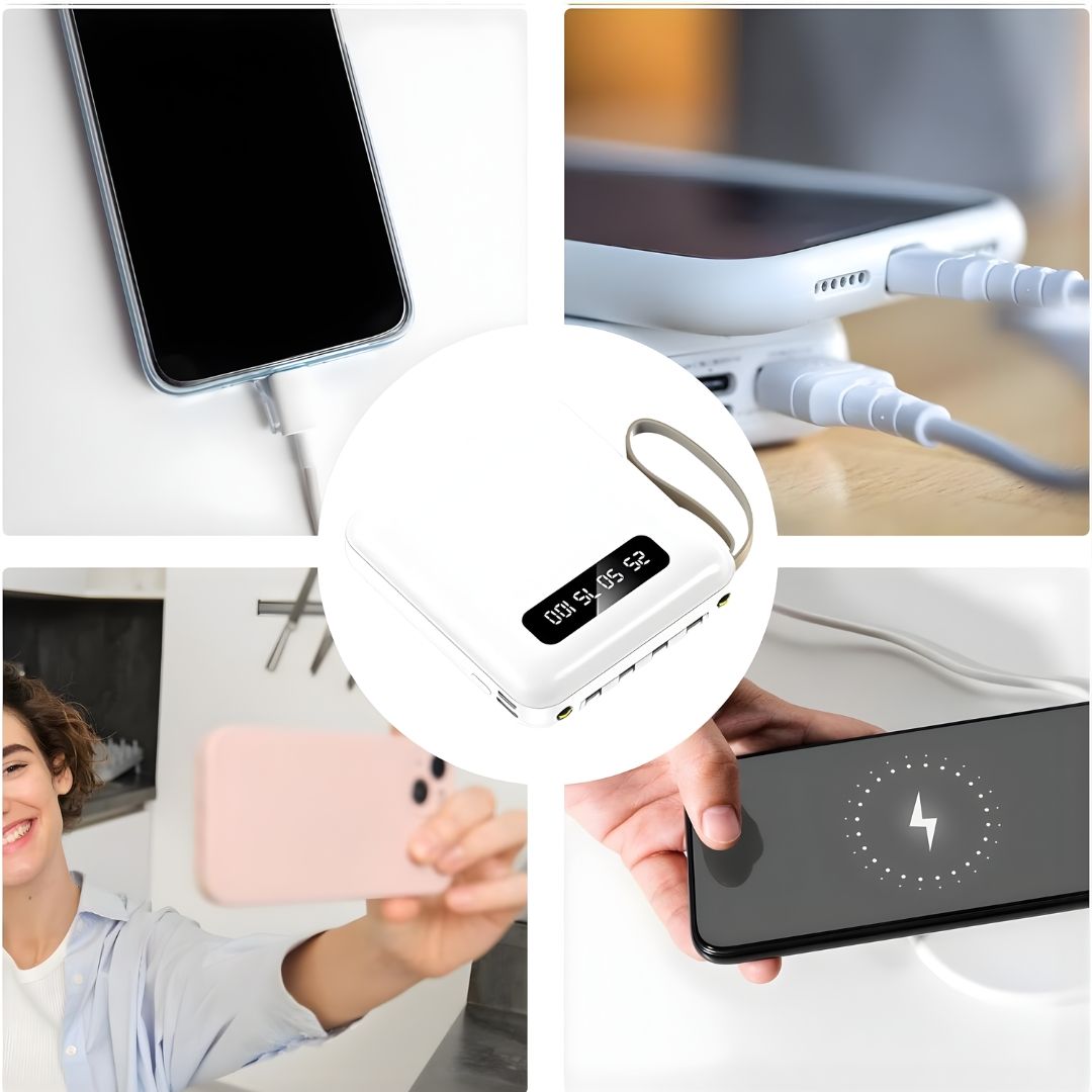 Портативний акумулятор із вбудованим кабелем, білий, 8000 мАг