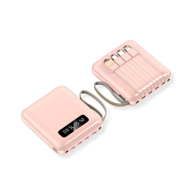 Портативный Power Bank 8000 мАч со встроенным кабелем, розовый