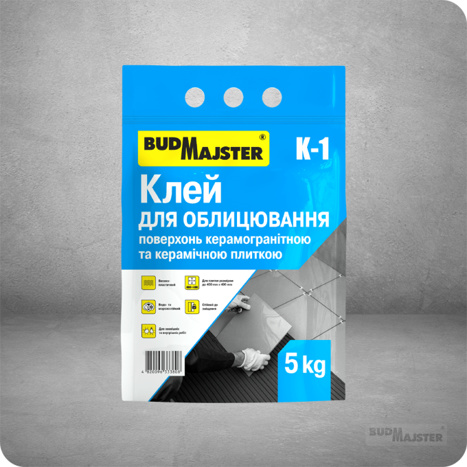 Клей K-1 BUDMAJSTER 5кг для облицювання поверхонь керамогранітною та керамічною плиткою