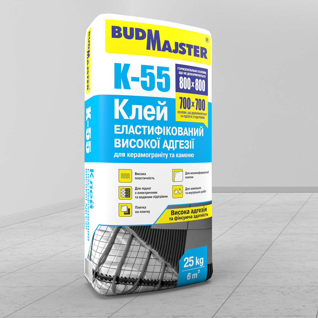 Клей K-55 BUDMAJSTER 25кг еластифікований високої адгезії для керамограніту та каменю