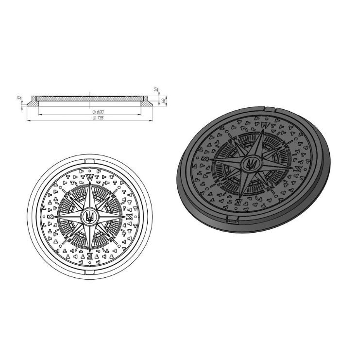 Люк садовый полимерпесчаный канализационный "УКРАИНА" зеленый, 17 кг, d=735 мм (1,5т)