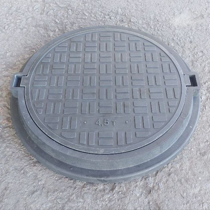 Люк усиленный полимерпесчаный канализационный ЕВРО (А15П) черный, 34 кг, d=760 мм, (4,5т)