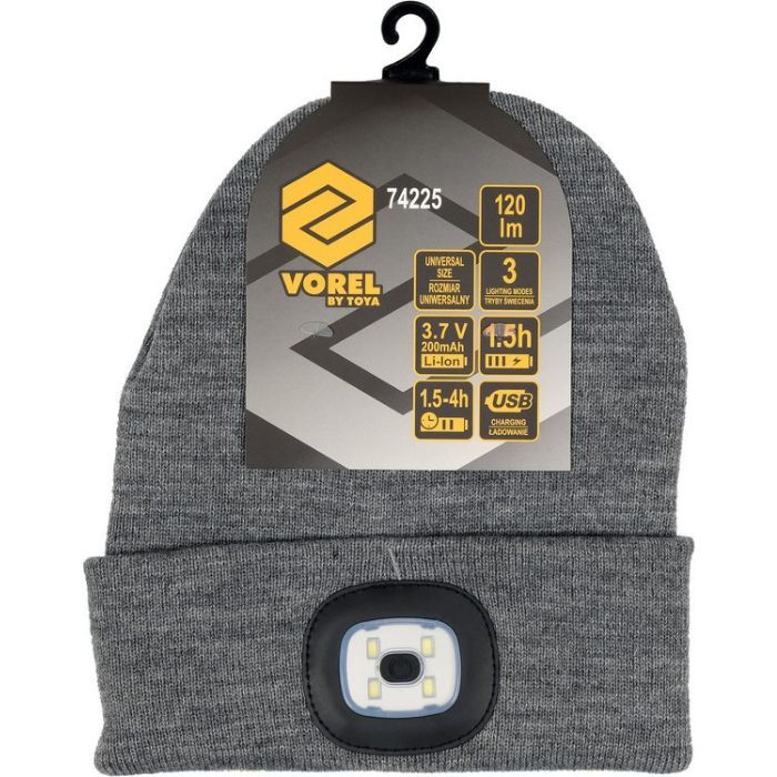 Шапка зимова сіра VOREL з акумуляторним- 3,7 В ліхтарем 120 Lm