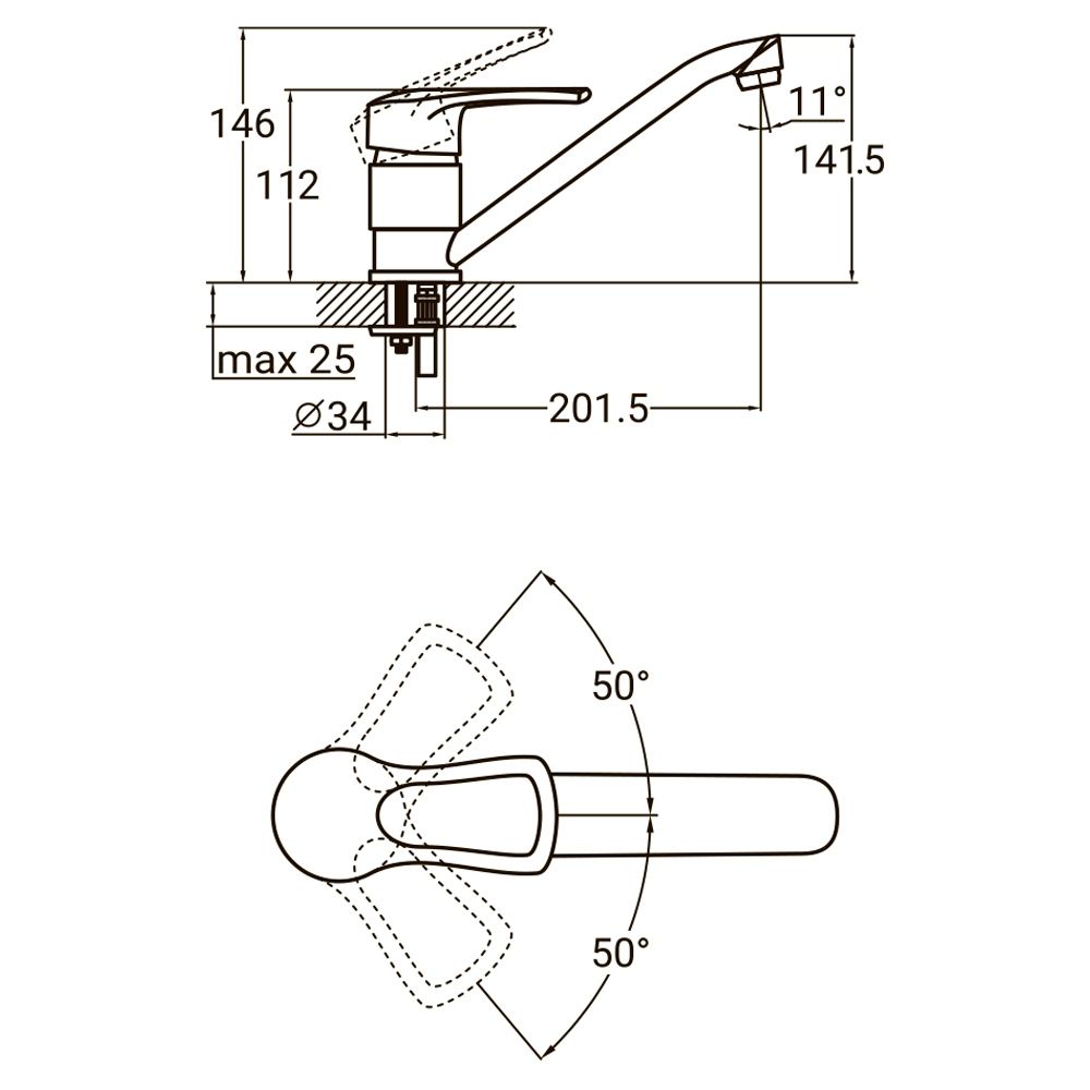Смеситель MD Ø40 для кухни гусак прямой 250мм на шпильке AQUATICA MD-2B244C