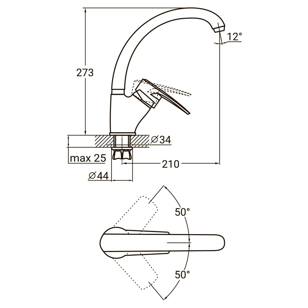 Змішувач ML Ø40 для кухні гусак вухо лат. шток на гайці AQUATICA ML-4B441C
