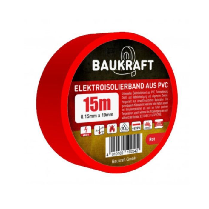 Ізоляційна стрічка ПВХ 0,15мм*19мм*15м червона TM BAUKRAFT, Germany