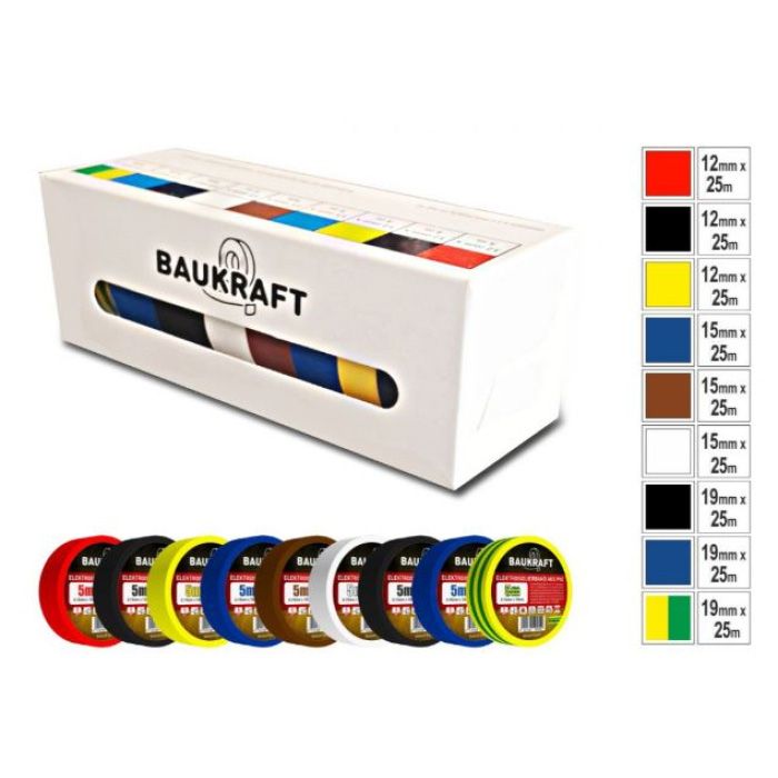 Ізоляційна стрічка ПВХ 25м в асортименті (18 шт) TM BAUKRAFT, Germany