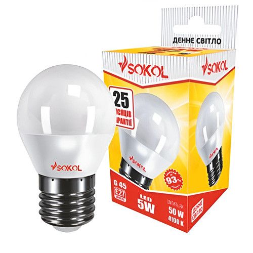 Світлодіодна LED лампа G45 5W 220В E27 4100К Sokol
