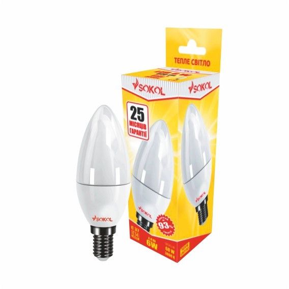 Світлодіодна LED лампа свічка 6w 220В E14 3000К Sokol