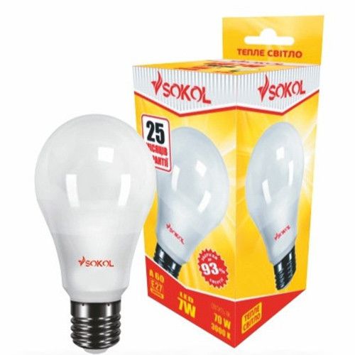 Світлодіодна LED лампа A60 10W 220В E27 3000К Sokol