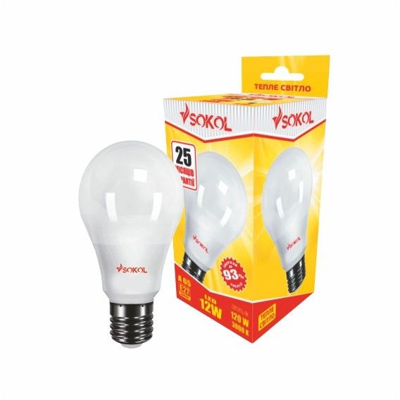 Світлодіодна LED лампа A65 12W 220В E27 3000К Sokol