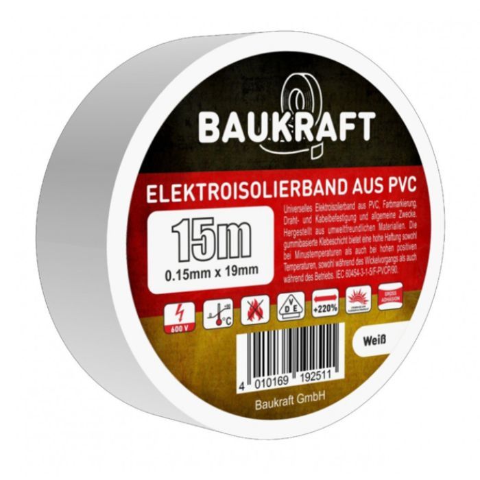 Ізоляційна стрічка ПВХ 0,15мм*19мм*15м біла TM BAUKRAFT, Germany