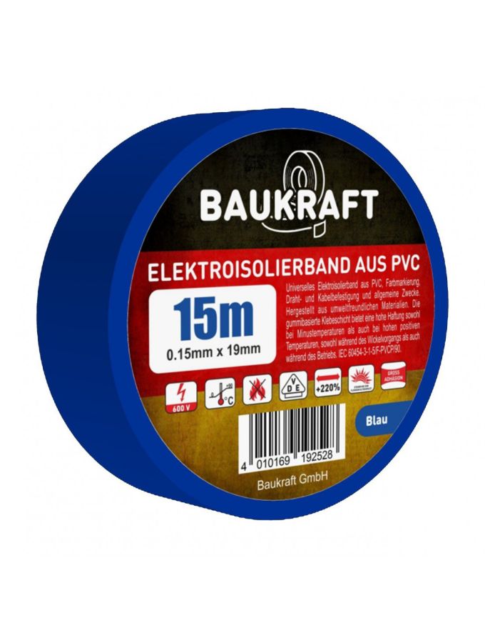 Ізоляційна стрічка ПВХ 0,15мм*19мм*15м блакитна TM BAUKRAFT, Germany