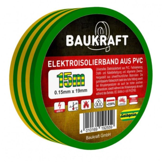 Ізоляційна стрічка ПВХ 0,15мм*19мм*15м жовто-зелена TM BAUKRAFT, Germany