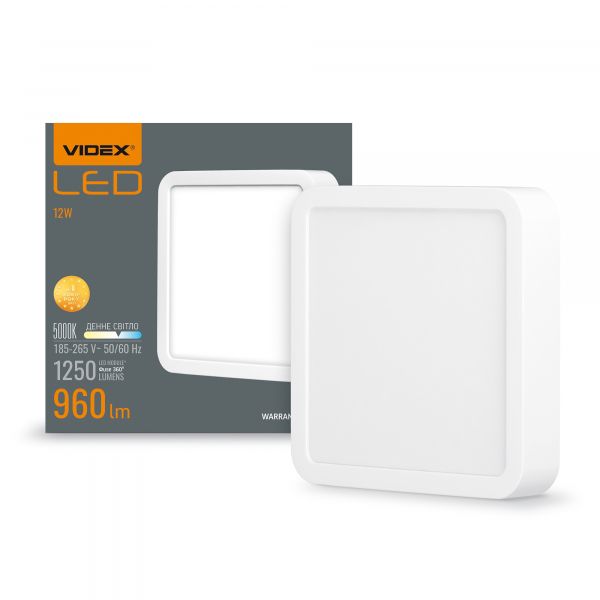 LED Светильник накладной квадрат VIDEX 12W 5000K White