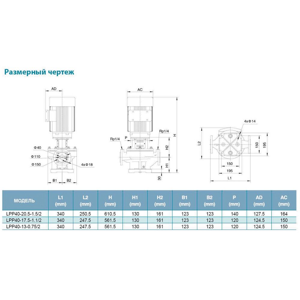 Насос центробежный вертикальный 380 0.75кВт Hmax 17м Qmax 275л/мин LEO 3.0 LPP40-13-0.75/2 (7714123)