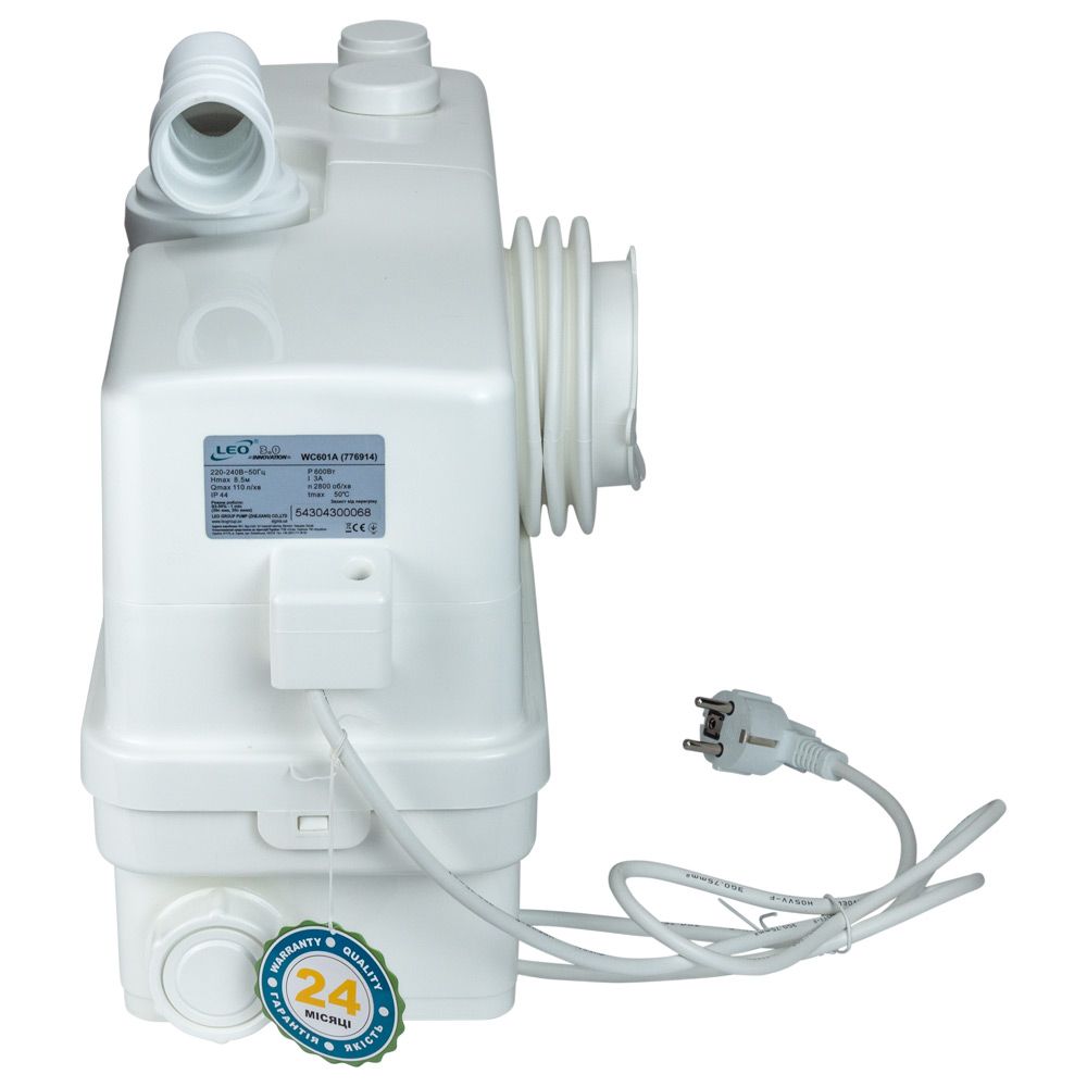 Станція каналізаційна 0.6кВт Hmax 8.5м Qmax 110л/хв 3 входу + фронтальний вхід 90мм LEO 3.0 WC601A (