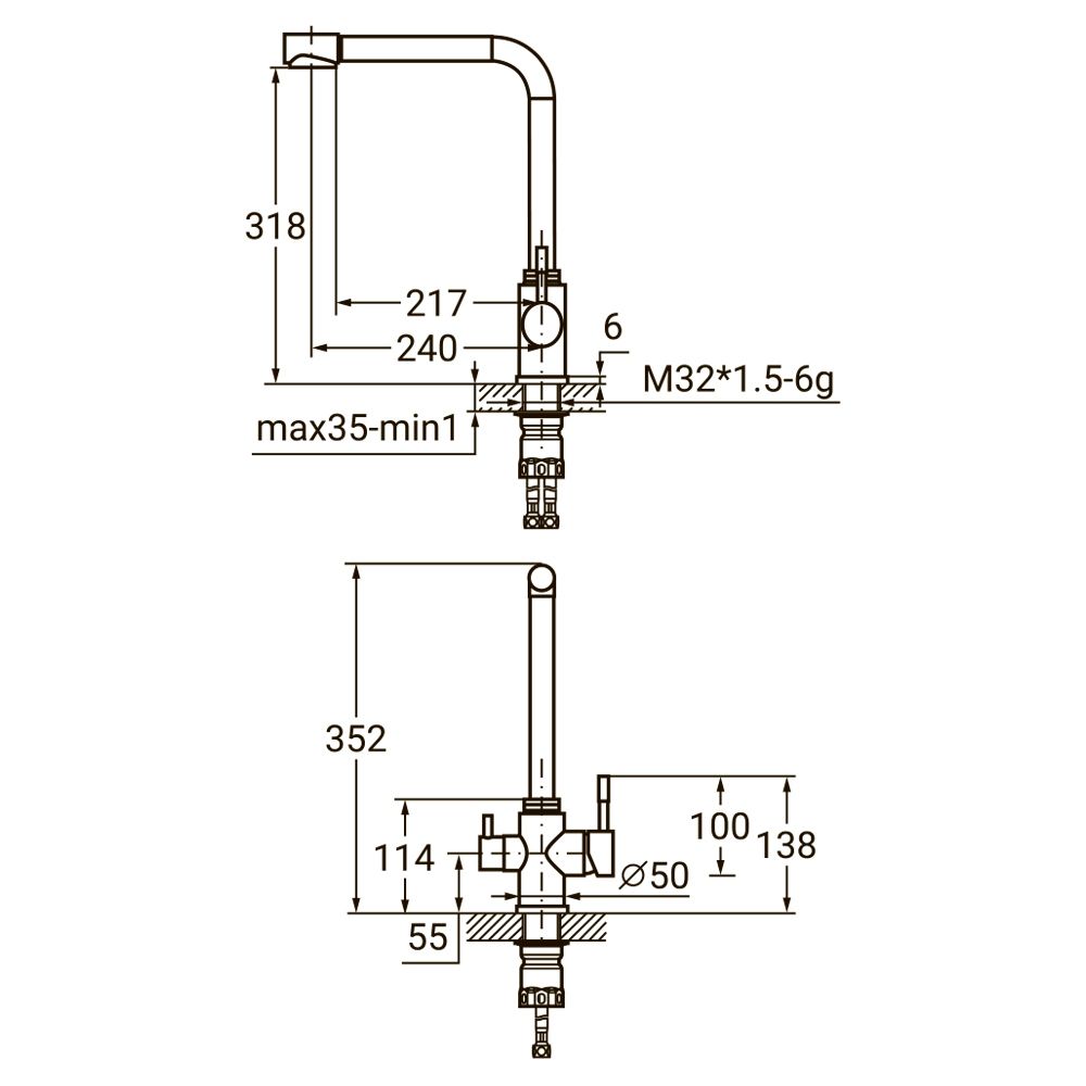 Смеситель KT Ø35 для кухни гусак с выходом для питьевой воды на гайке SS AQUATICA KT-4B770P (9722121)