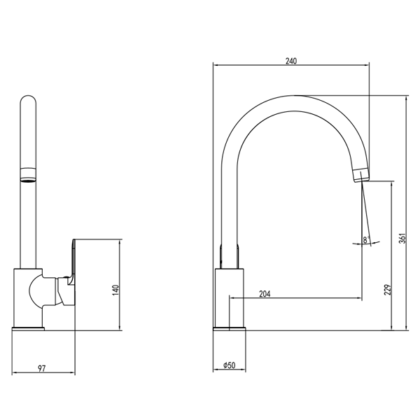 Смеситель RIVA Ø35 для кухни J-излив на гайке CORSO DE-4B139C (9629100)