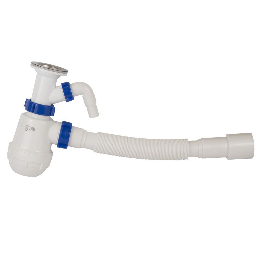 Сифон для кухонної мийки з нержавіючим випуском 1½" виводом під пральну машину та гнучким відводом Ø