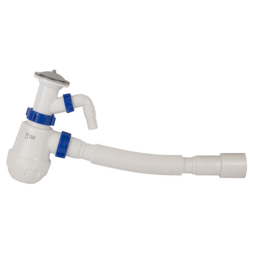 Сифон для кухонної мийки з нержавіючим випуском 1½" виводом під пральну машину та гнучким відводом Ø